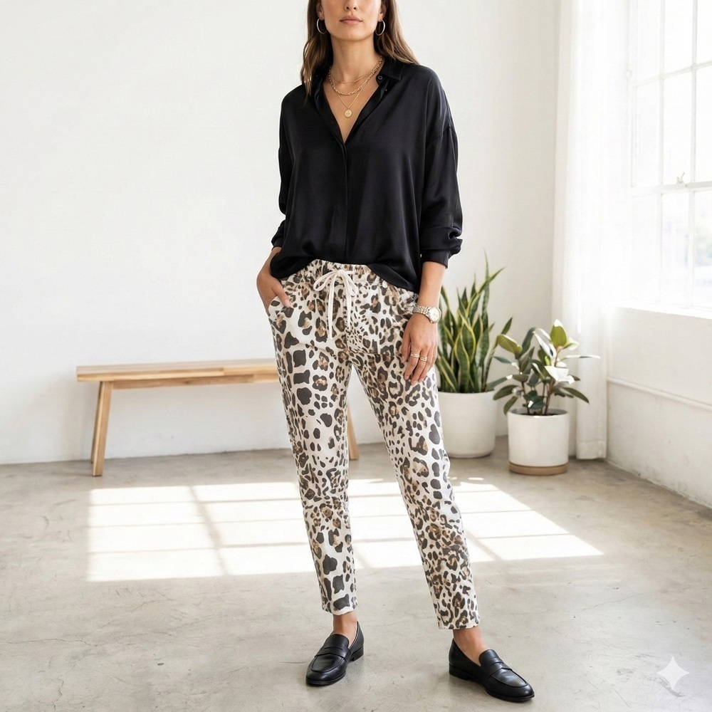 White Leopard Animal Print Stretch Cotton Jogger Pants | Made in Italy - Small